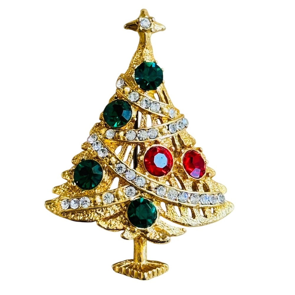 VTG Christmas Tree Pin Gold Tone Rhinestone Green Red jeweled Holiday retro‎ 80s